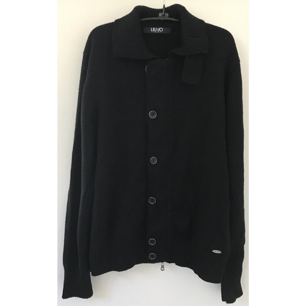 Liu Jo Jeans Black 100% Wool Elbow Patch Button Up Sweater Cardigan XL 46" Mens